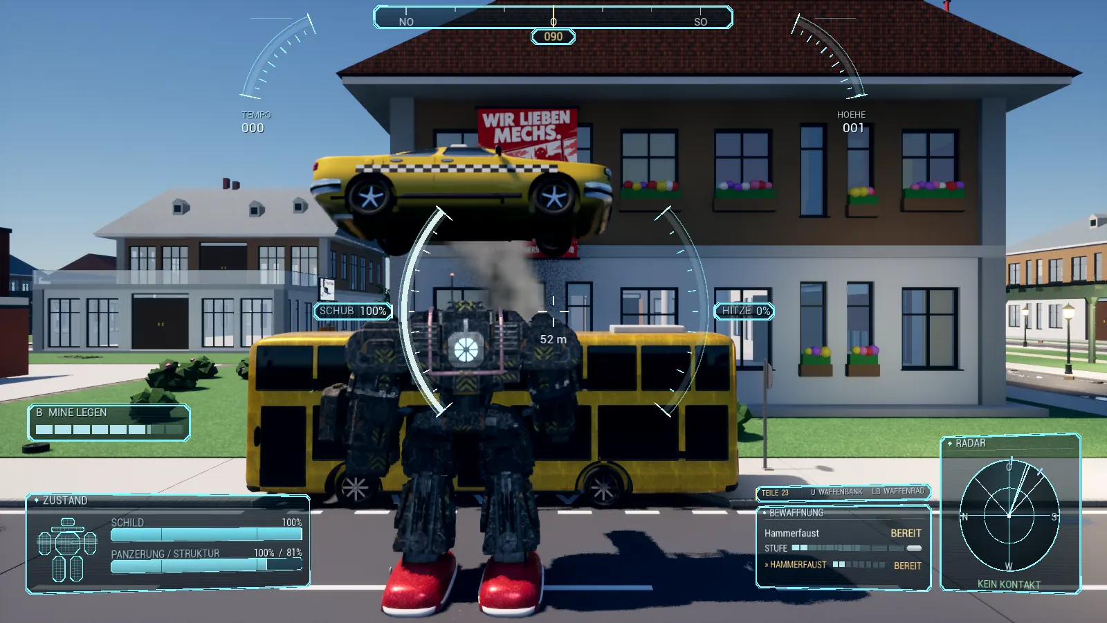 Spielszene: Der Mech hebt ein Taxi zum Wurf.